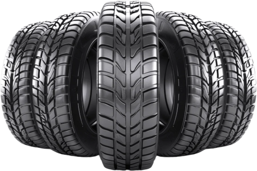 Cinco pneus novos de carro enfileirados, promoção da Queiroz Centro Automotivo